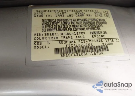 2008 Nissan Versa 1.8Sl z USA, uszkodzony, nr VIN 3N1BC13E08L418704